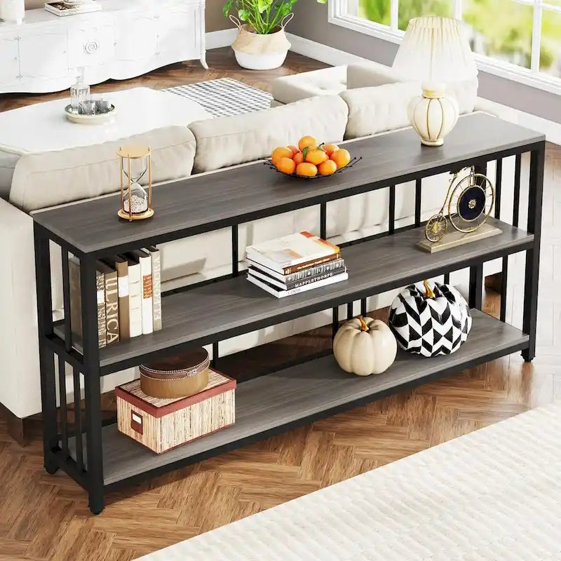 Table Console 70,9", Table de Canapé à 3 Niveaux avec Étagères, Marron