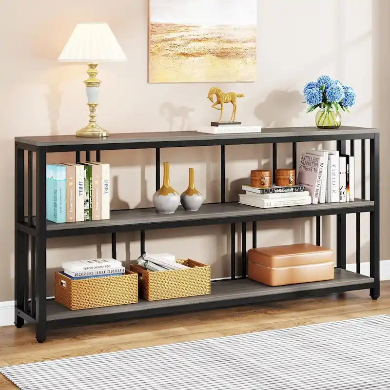 Table Console 70,9", Table de Canapé à 3 Niveaux avec Étagères, Marron