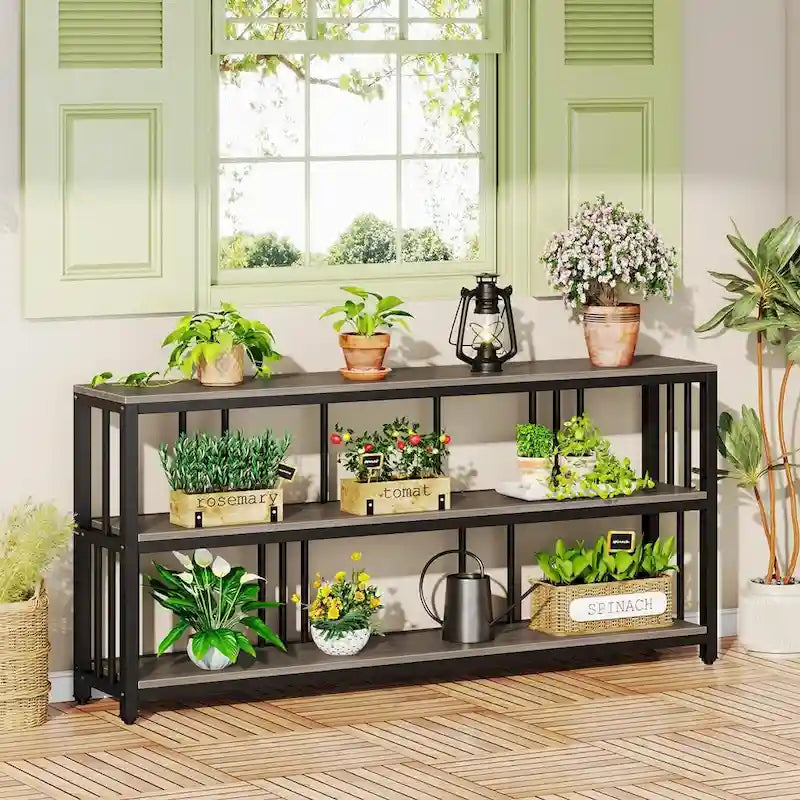 Table Console 70,9", Table de Canapé à 3 Niveaux avec Étagères, Marron