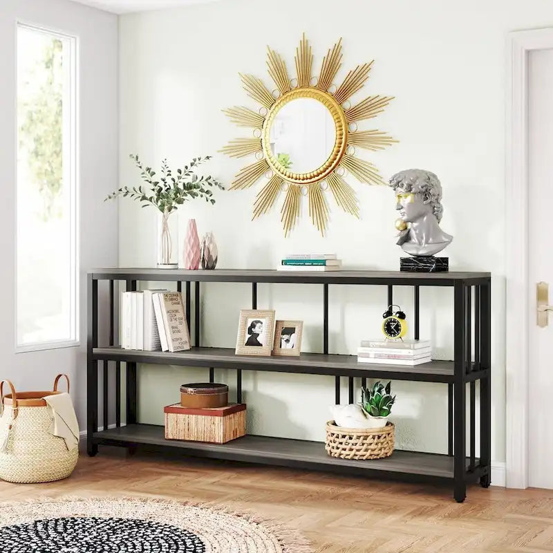 Table Console 70,9", Table de Canapé à 3 Niveaux avec Étagères, Marron
