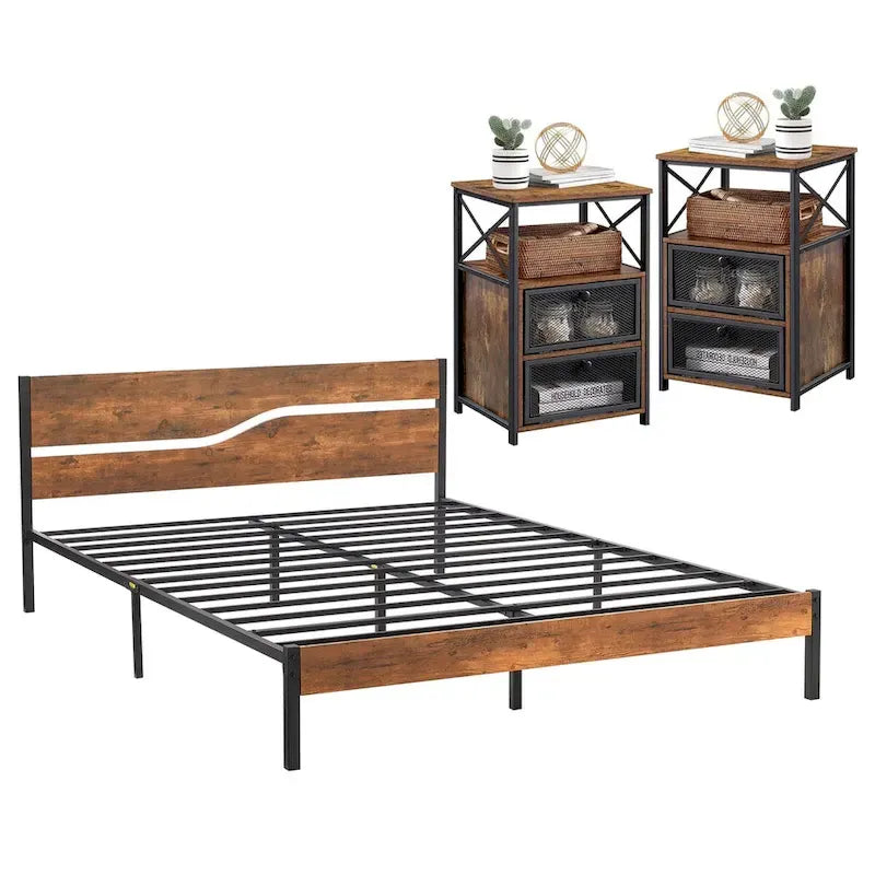 Ensemble de 3 pièces de chambre Taomika, lit plateforme et 2 tables de chevet modernes