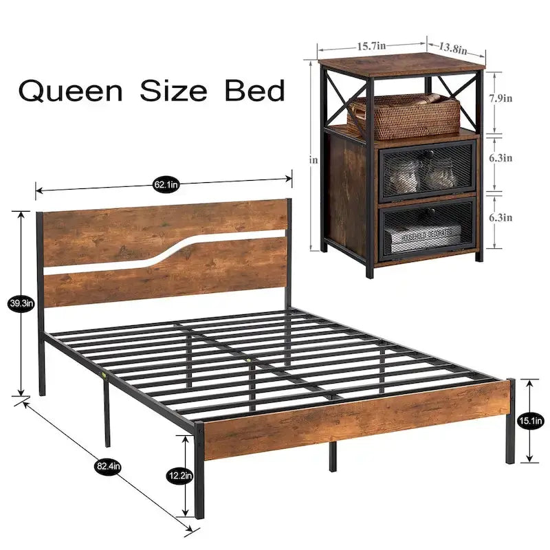 Ensemble de 3 pièces de chambre Taomika, lit plateforme et 2 tables de chevet modernes
