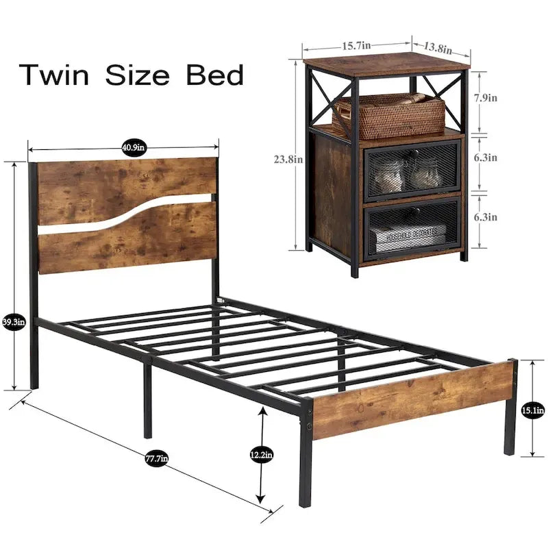 Ensemble de 3 pièces de chambre Taomika, lit plateforme et 2 tables de chevet modernes