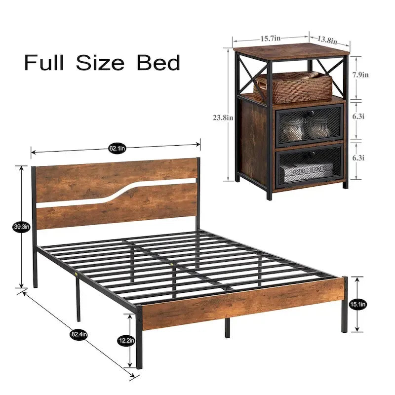 Ensemble de 3 pièces de chambre Taomika, lit plateforme et 2 tables de chevet modernes