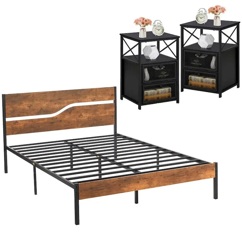 Ensemble de 3 pièces de chambre Taomika, lit plateforme et 2 tables de chevet modernes
