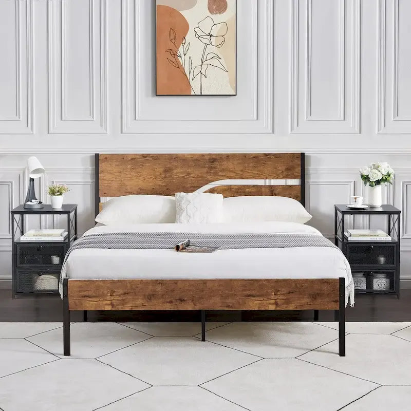 Ensemble de 3 pièces de chambre Taomika, lit plateforme et 2 tables de chevet modernes