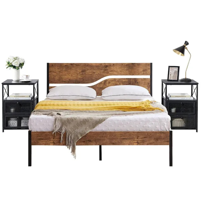 Ensemble de 3 pièces de chambre Taomika, lit plateforme et 2 tables de chevet modernes