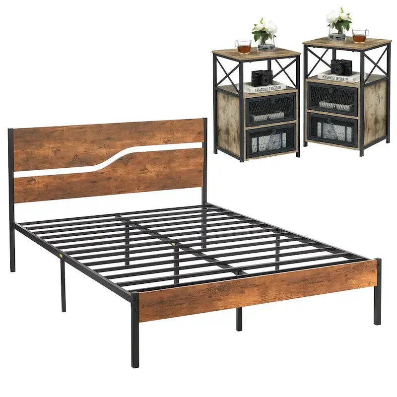 Ensemble de 3 pièces de chambre Taomika, lit plateforme et 2 tables de chevet modernes