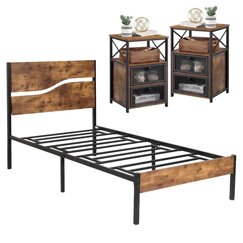 Ensemble de 3 pièces de chambre Taomika, lit plateforme et 2 tables de chevet modernes
