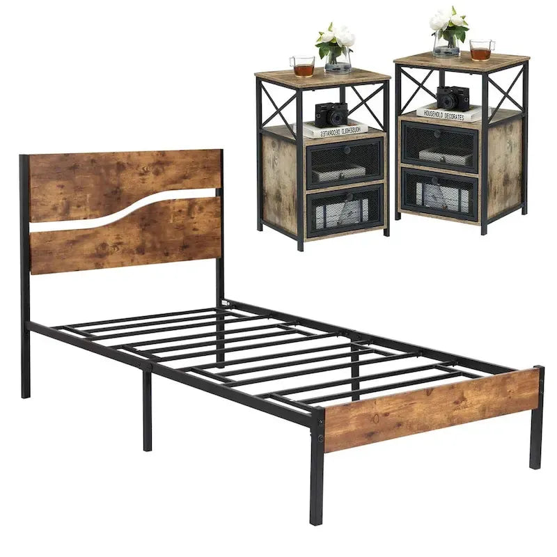 Ensemble de 3 pièces de chambre Taomika, lit plateforme et 2 tables de chevet modernes