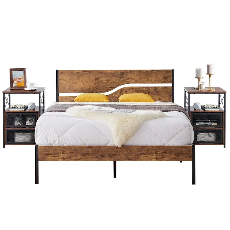 Ensemble de 3 pièces de chambre Taomika, lit plateforme et 2 tables de chevet modernes