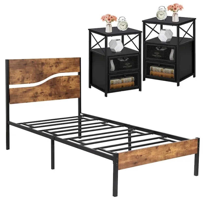 Ensemble de 3 pièces de chambre Taomika, lit plateforme et 2 tables de chevet modernes
