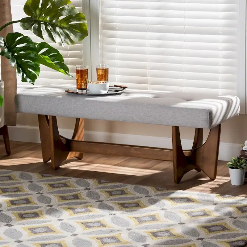 Banc Theo Mid-Century Modern en tissu rembourré et finition noyer - 17,9 haut x 48,8 large x 18,3 profond