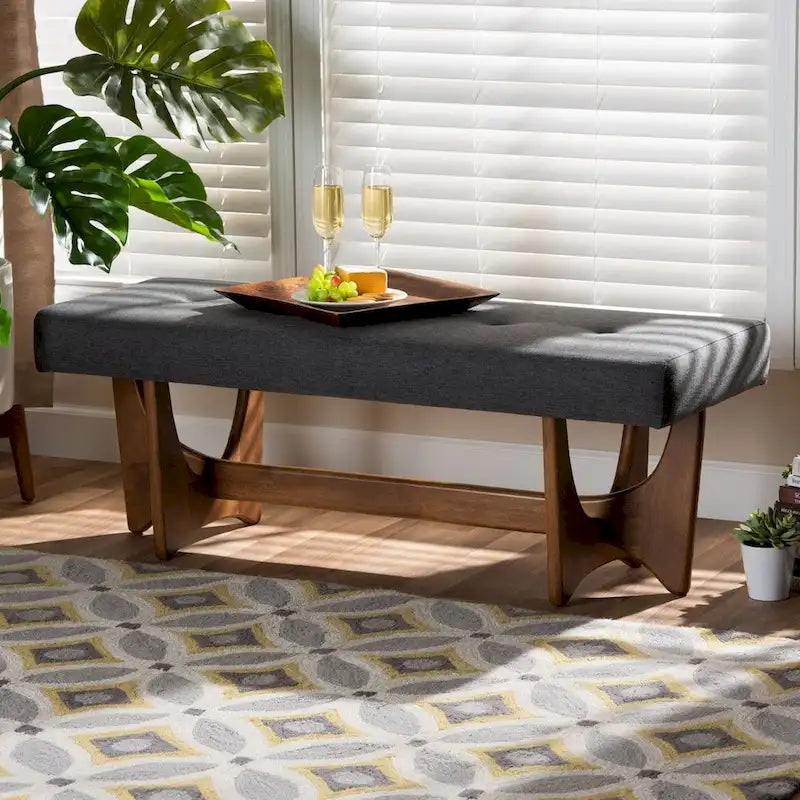 Banc Theo Mid-Century Modern en tissu rembourré et finition noyer - 17,9 haut x 48,8 large x 18,3 profond