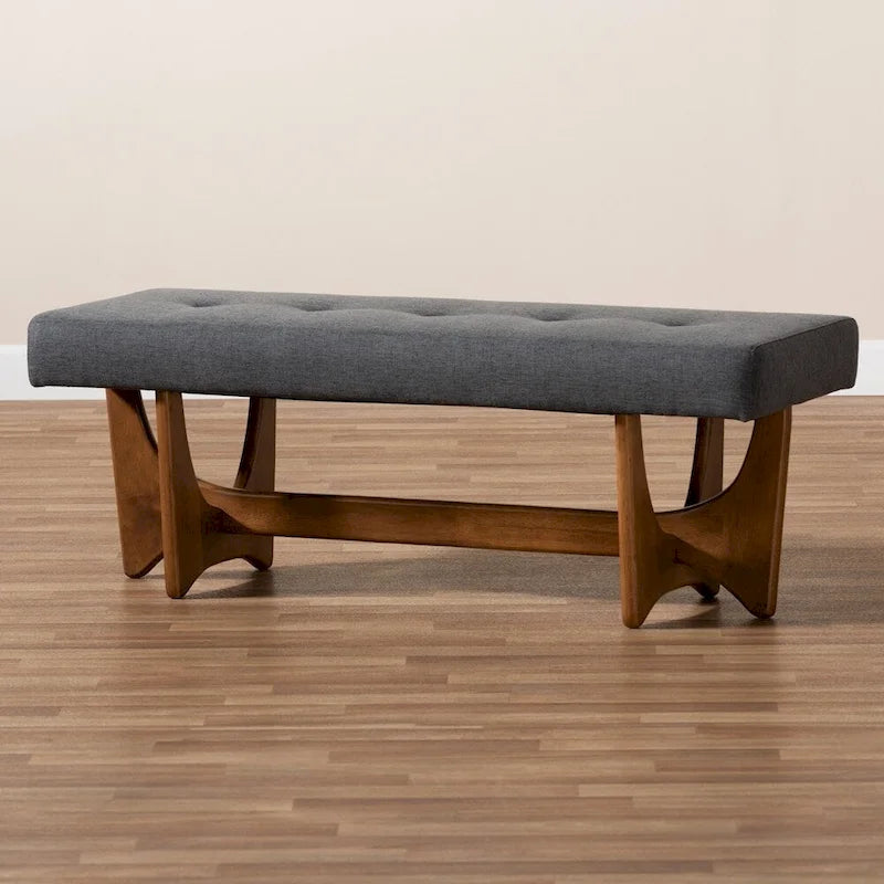 Banc Theo Mid-Century Modern en tissu rembourré et finition noyer - 17,9 haut x 48,8 large x 18,3 profond