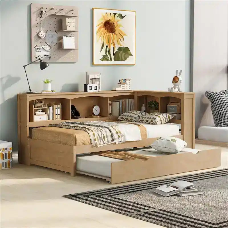 Lit de repos double avec lit gigogne, armoires de rangement et ports USB