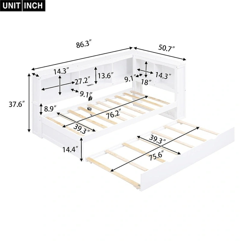 Lit de repos double avec lit gigogne, armoires de rangement et ports USB