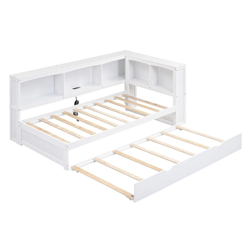Lit de repos double avec lit gigogne, armoires de rangement et ports USB