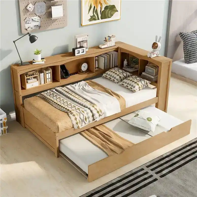 Lit de repos double avec lit gigogne, armoires de rangement et ports USB