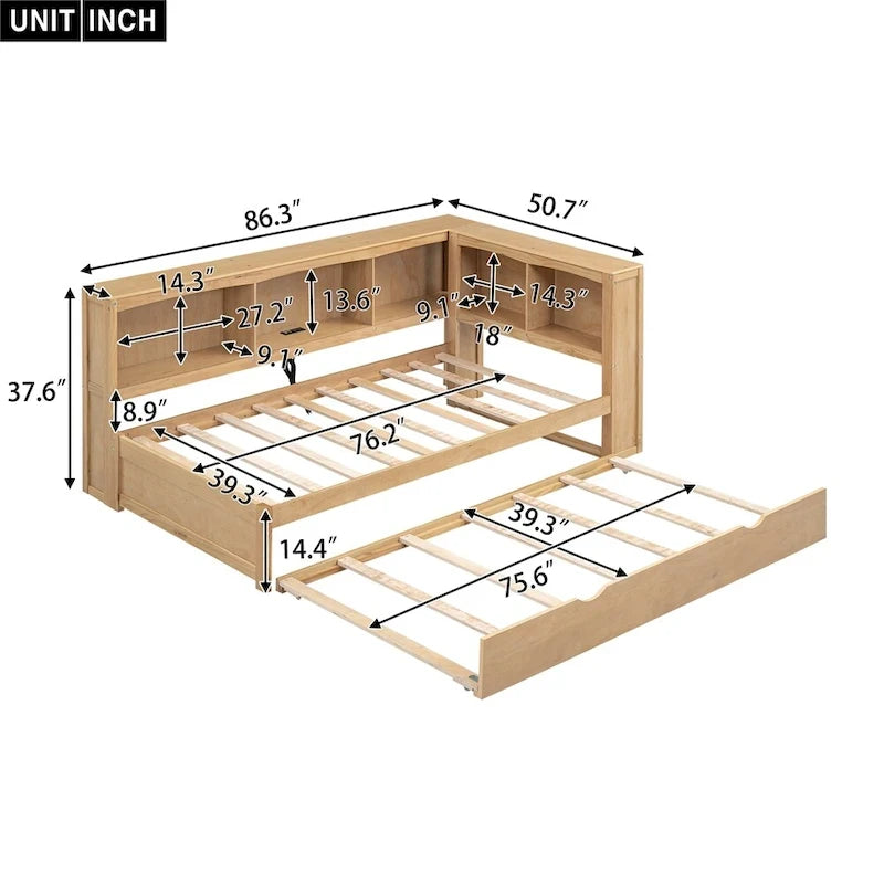 Lit de repos double avec lit gigogne, armoires de rangement et ports USB