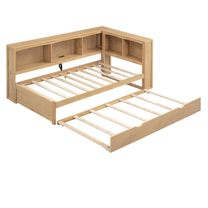 Lit de repos double avec lit gigogne, armoires de rangement et ports USB