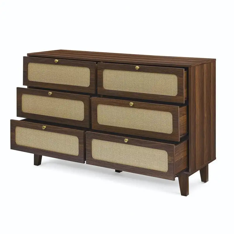 Commode double Grondin de style bohème moderne du milieu du siècle, 6 tiroirs en rotin avec cadre en MDF et pieds en bois massif,