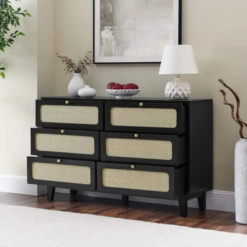Commode double Grondin de style bohème moderne du milieu du siècle, 6 tiroirs en rotin avec cadre en MDF et pieds en bois massif,