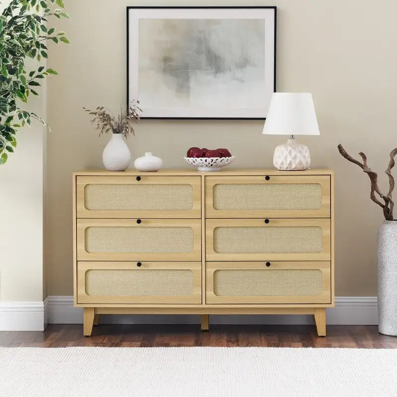 Commode double Grondin de style bohème moderne du milieu du siècle, 6 tiroirs en rotin avec cadre en MDF et pieds en bois massif,