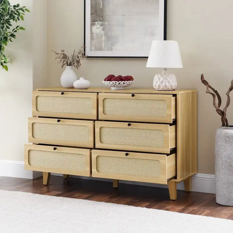 Commode double Grondin de style bohème moderne du milieu du siècle, 6 tiroirs en rotin avec cadre en MDF et pieds en bois massif,