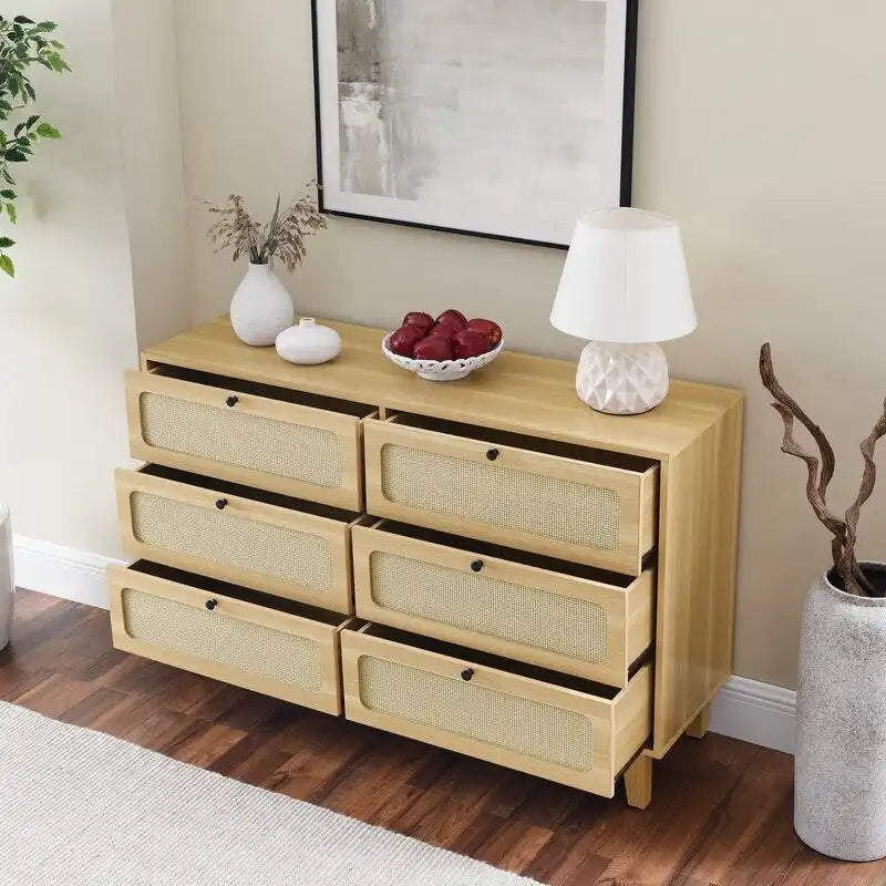 Commode double Grondin de style bohème moderne du milieu du siècle, 6 tiroirs en rotin avec cadre en MDF et pieds en bois massif,
