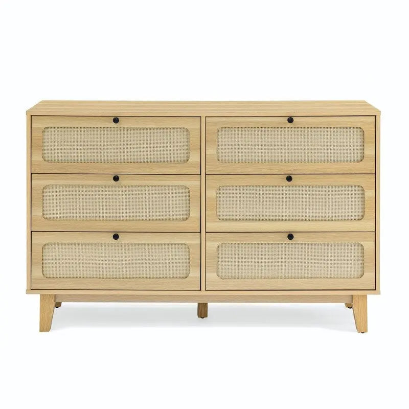 Commode double Grondin de style bohème moderne du milieu du siècle, 6 tiroirs en rotin avec cadre en MDF et pieds en bois massif,