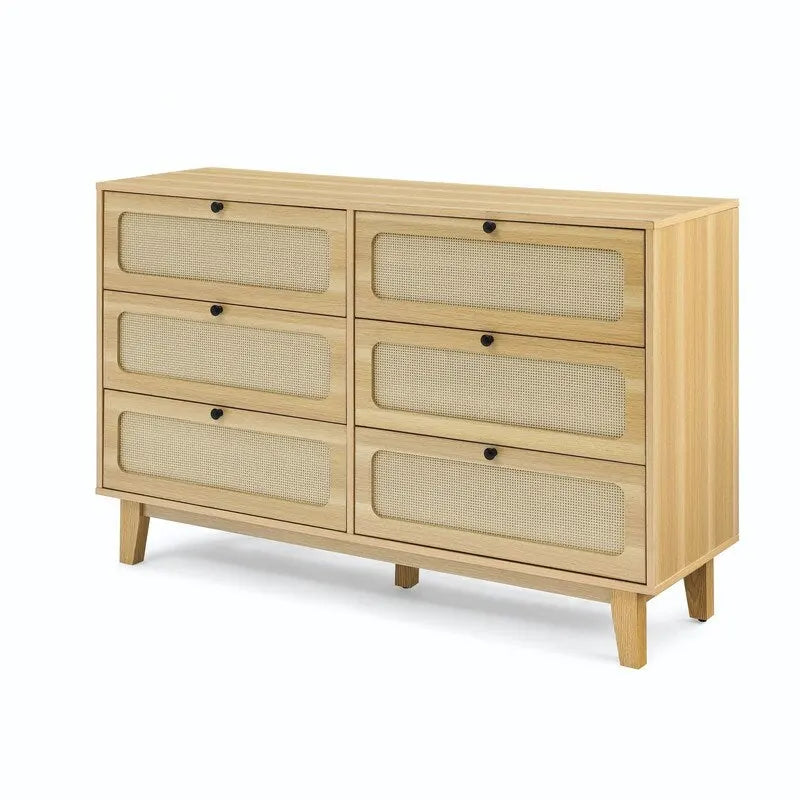 Commode double Grondin de style bohème moderne du milieu du siècle, 6 tiroirs en rotin avec cadre en MDF et pieds en bois massif,