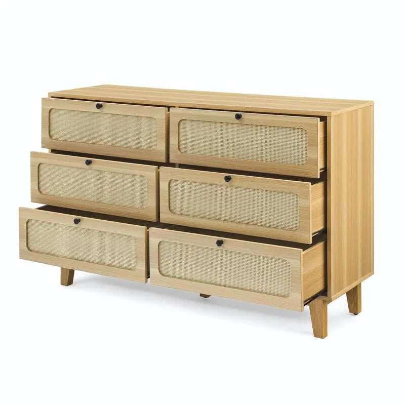 Commode double Grondin de style bohème moderne du milieu du siècle, 6 tiroirs en rotin avec cadre en MDF et pieds en bois massif,