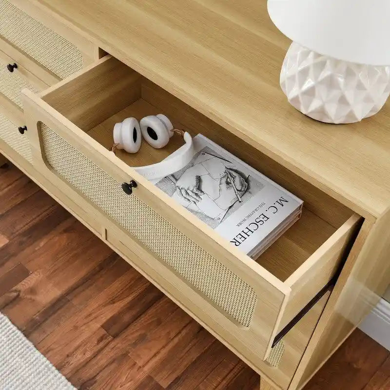 Commode double Grondin de style bohème moderne du milieu du siècle, 6 tiroirs en rotin avec cadre en MDF et pieds en bois massif,