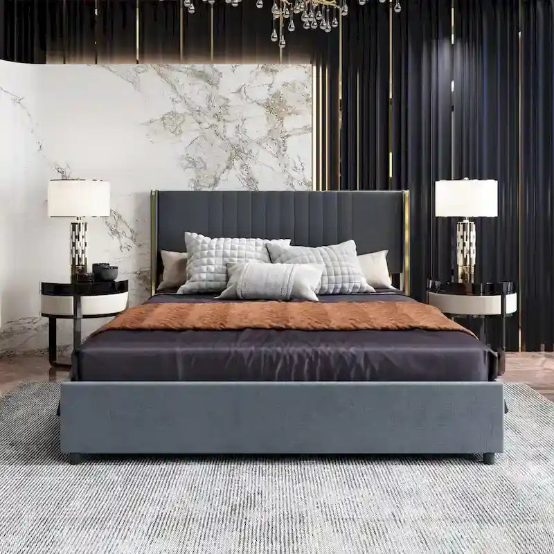 Lit plateforme à LED avec tiroir de rangement - Meuble de chambre contemporain
