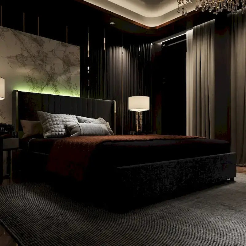 Lit plateforme à LED avec tiroir de rangement - Meuble de chambre contemporain