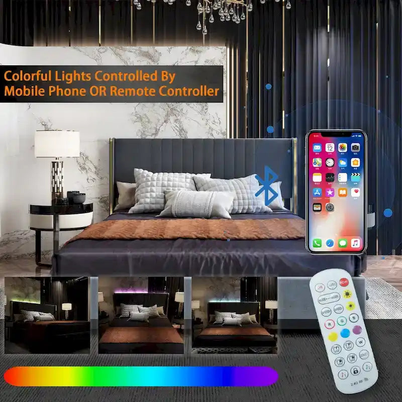 Lit plateforme à LED avec tiroir de rangement - Meuble de chambre contemporain