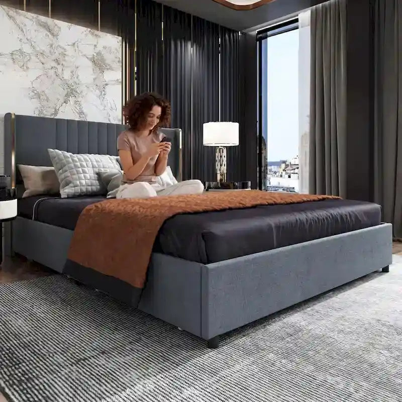 Lit plateforme à LED avec tiroir de rangement - Meuble de chambre contemporain