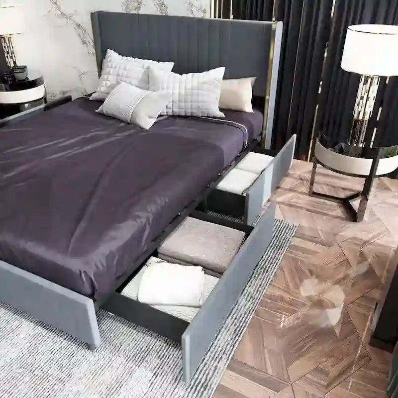 Lit plateforme à LED avec tiroir de rangement - Meuble de chambre contemporain