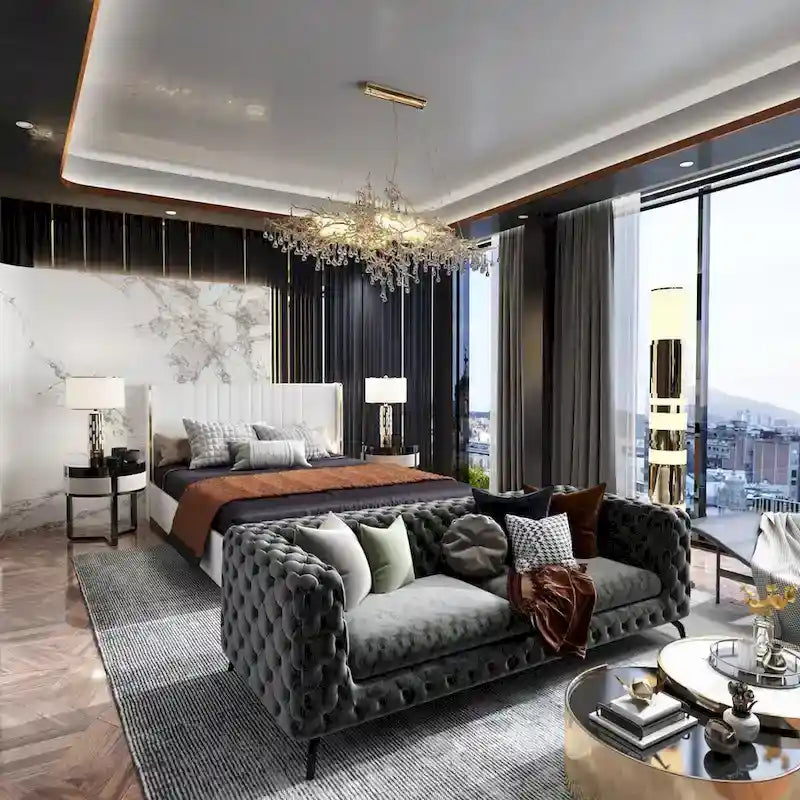 Lit plateforme à LED avec tiroir de rangement - Meuble de chambre contemporain