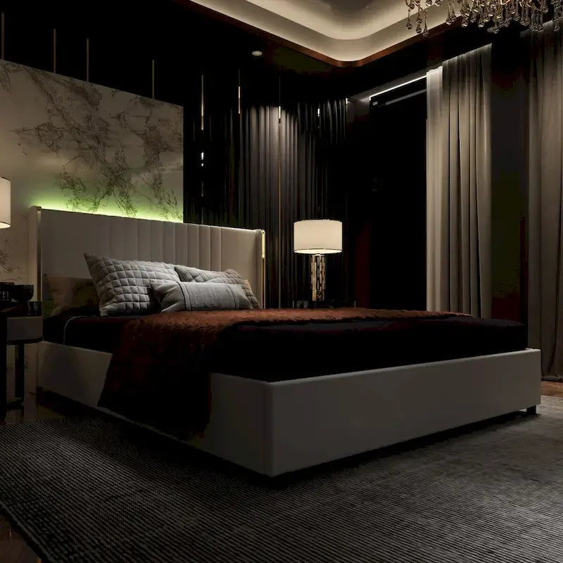 Lit plateforme à LED avec tiroir de rangement - Meuble de chambre contemporain