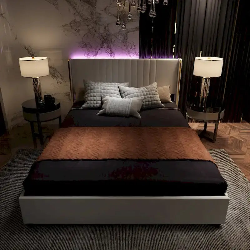 Lit plateforme à LED avec tiroir de rangement - Meuble de chambre contemporain