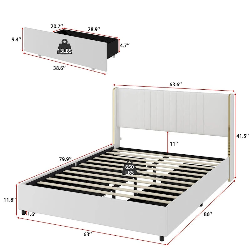 Lit plateforme à LED avec tiroir de rangement - Meuble de chambre contemporain