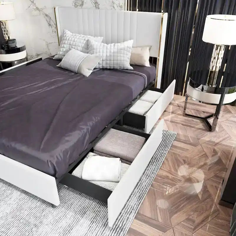 Lit plateforme à LED avec tiroir de rangement - Meuble de chambre contemporain