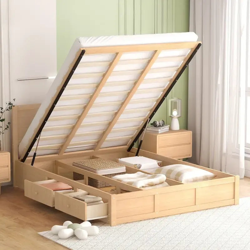 Lit plateforme en bois avec rangement intégré et 2 tiroirs