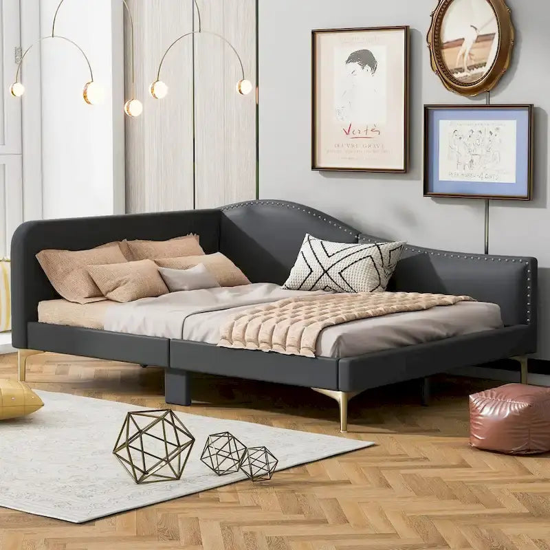 Lit de repos rembourré pleine/double taille avec tête de lit et accoudoir, pieds de soutien, lit pleine/double taille
