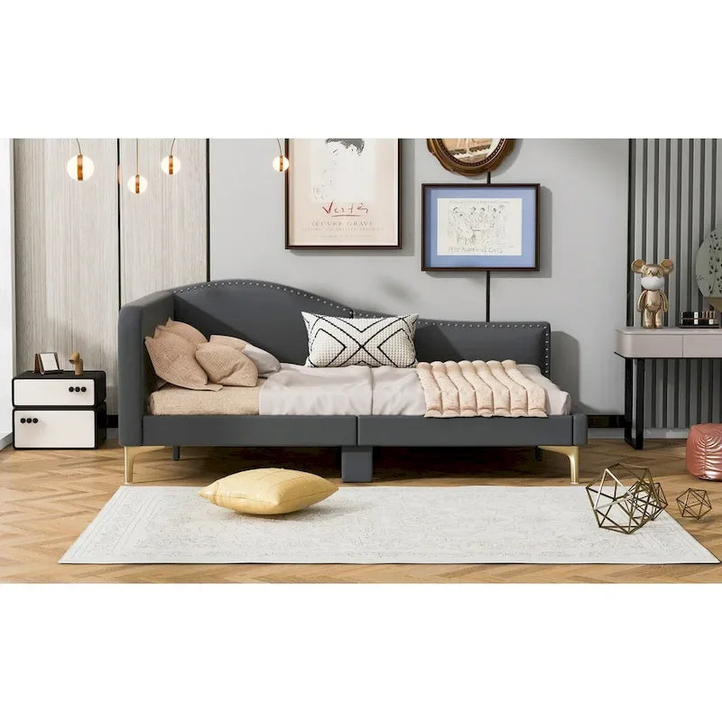 Lit de repos rembourré pleine/double taille avec tête de lit et accoudoir, pieds de soutien, lit pleine/double taille