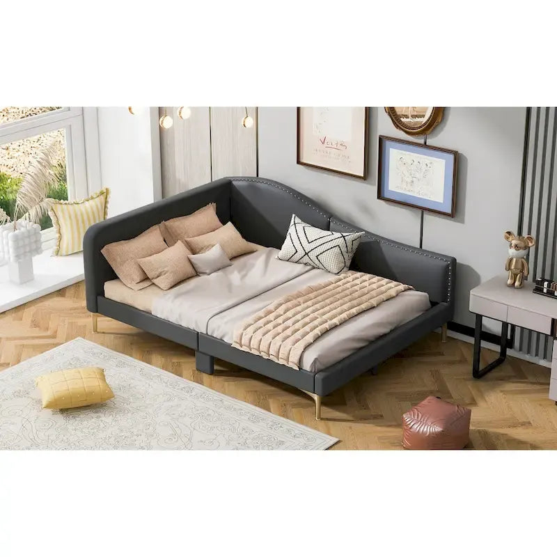 Lit de repos rembourré pleine/double taille avec tête de lit et accoudoir, pieds de soutien, lit pleine/double taille