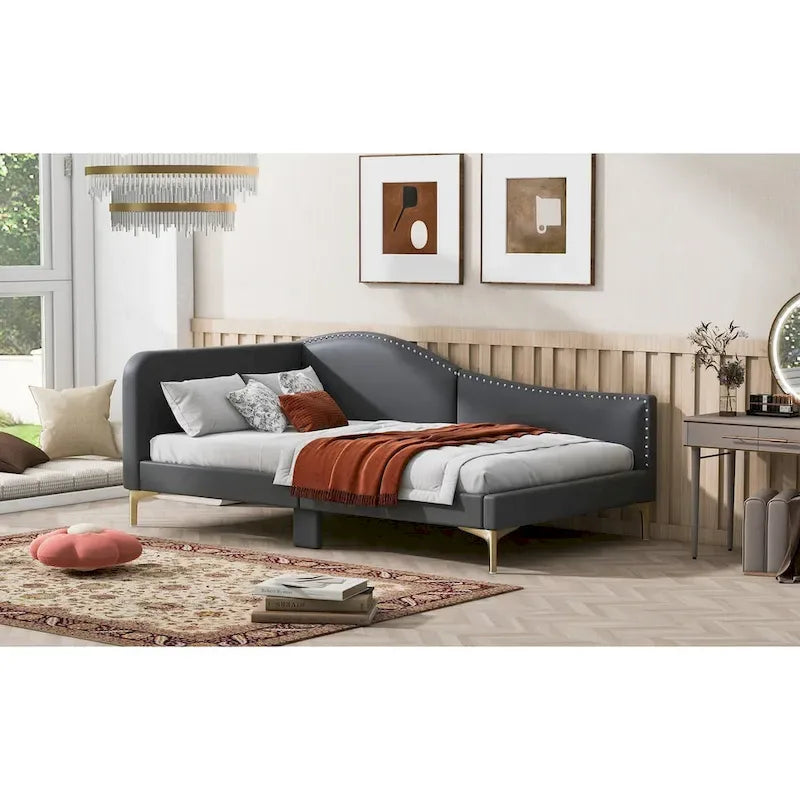 Lit de repos rembourré pleine/double taille avec tête de lit et accoudoir, pieds de soutien, lit pleine/double taille