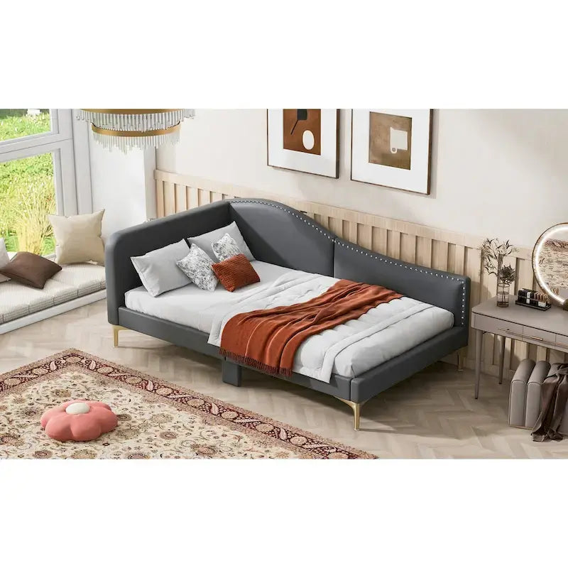 Lit de repos rembourré pleine/double taille avec tête de lit et accoudoir, pieds de soutien, lit pleine/double taille